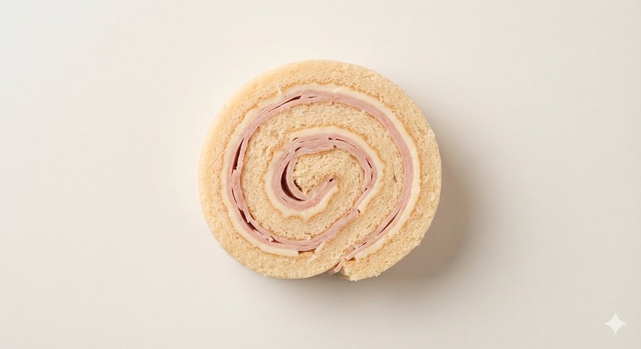 Rodaja de arrollado de jamón y queso, corte en espiral